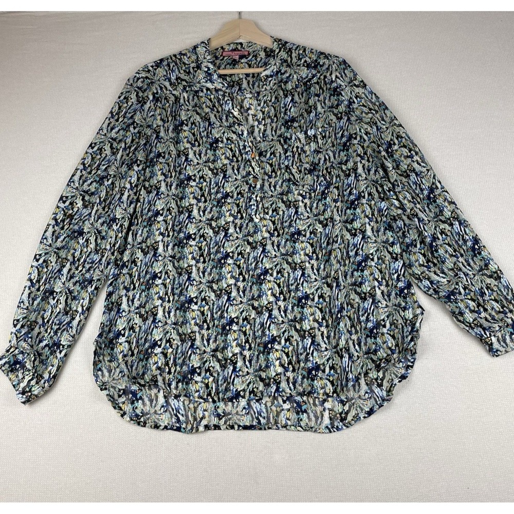Nikkies Threads Womens Large Black Multi-Color Blouse Tunic Roll-Tab Sleeves Top